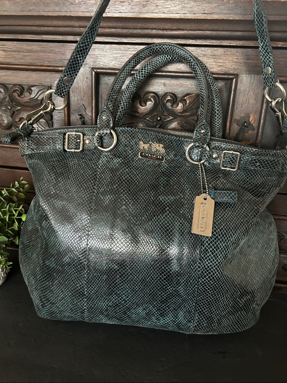 Beautiful Coach Teal Green Snake-Embossed Leather Tote with Tag